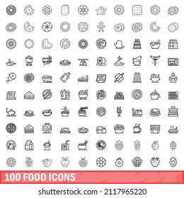 100 food icons set. Outline illustration of 100 food icons vector set isolated on white background
