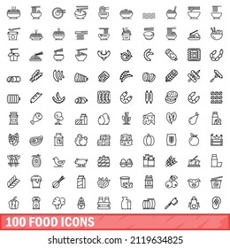 100 food icons set. Outline illustration of 100 food icons vector set isolated on white background