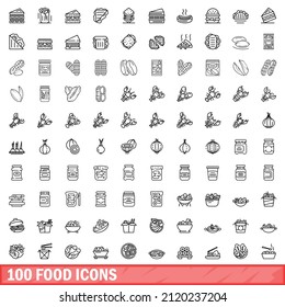 100 food icons set. Outline illustration of 100 food icons vector set isolated on white background