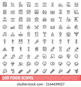 100 íconos de comida. Ilustración de esquema de 100 iconos de alimentos vectores aislados en fondo blanco