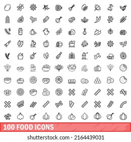 100 food icons set. Outline illustration of 100 food icons vector set isolated on white background