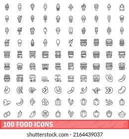 100 food icons set. Outline illustration of 100 food icons vector set isolated on white background
