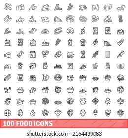 100 íconos de comida. Ilustración de esquema de 100 iconos de alimentos vectores aislados en fondo blanco