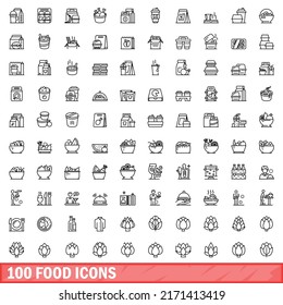 100 food icons set. Outline illustration of 100 food icons vector set isolated on white background