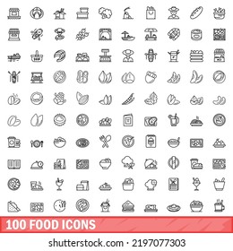 100 food icons set. Outline illustration of 100 food icons vector set isolated on white background