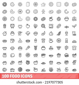 100 food icons set. Outline illustration of 100 food icons vector set isolated on white background