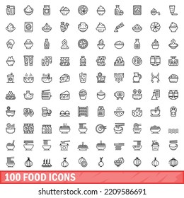 100 íconos de comida. Ilustración de esquema de 100 iconos de alimentos vectores aislados en fondo blanco