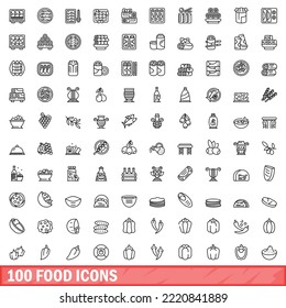 100 íconos de comida. Ilustración de esquema de 100 iconos de alimentos vectores aislados en fondo blanco