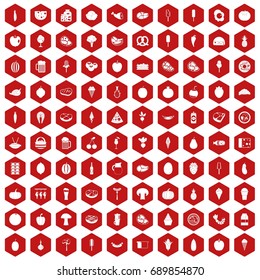 100 food icons set in red hexagon isolated vector illustration