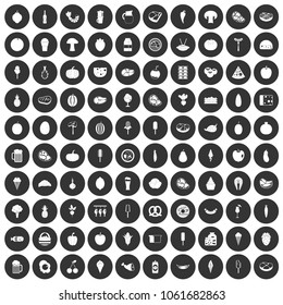 100 food icons set in simple style white on black circle color isolated on white background vector illustration