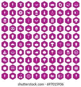 100 food icons set in violet hexagon isolated vector illustration