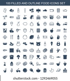 100 food icons. Trendy food icons white background. Included filled and outline icons such as piece of cake, coffee and croissant, stomach, double burger. food icon for web and mobile.