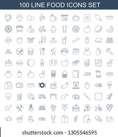 100 food icons. Trendy food icons white background. Included line icons such as chicken, Grape, paper and apple, wheat, milk, wine glass, pie, cup with heart. food icon for web and mobile.