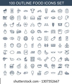 100 food icons. Trendy food icons white background. Included outline icons such as sandwich and apple, van, pie, bread, burger with sausage, ice cream on stick. food icon for web and mobile.