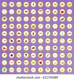 100 food and kitchen icons set in cartoon style on purple background vector illustration