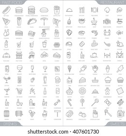 100 food and restaurant thin line icons