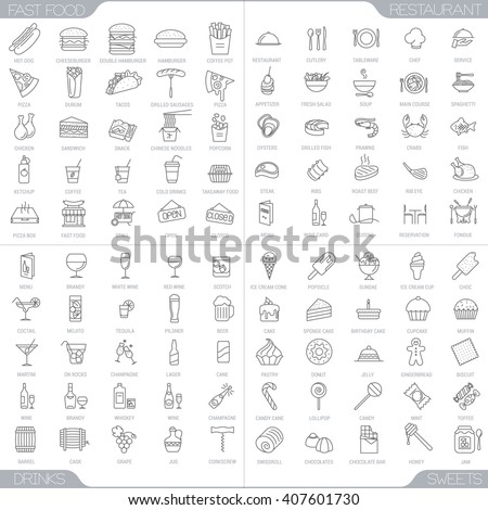 100 food and restaurant thin line icons