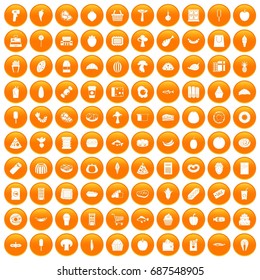 100 food shopping icons set in orange circle isolated vector illustration