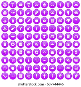 100 food shopping icons set in purple circle isolated vector illustration