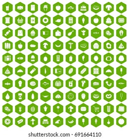 100 food shopping icons set in green hexagon isolated vector illustration