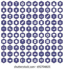 100 food shopping icons set in purple hexagon isolated vector illustration