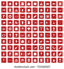 100 food shopping icons set in grunge style red color isolated on white background vector illustration
