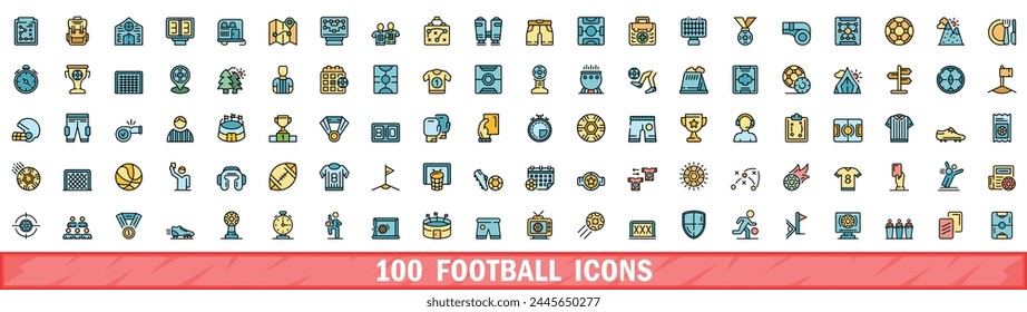 100 football icons set. Color line set of football vector icons thin line color flat on white
