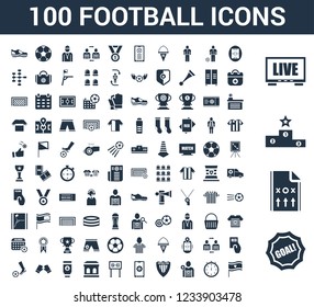 100 Football universal icons set with Goal, Strategy, Podium, Television, Soccer field, Stopwatch, player, club, App, Scoreboard