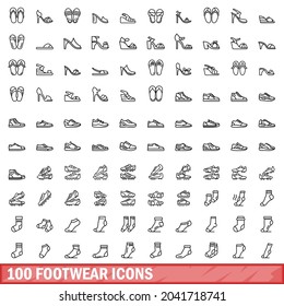 100 footwear icons set. Outline illustration of 100 footwear icons vector set isolated on white background