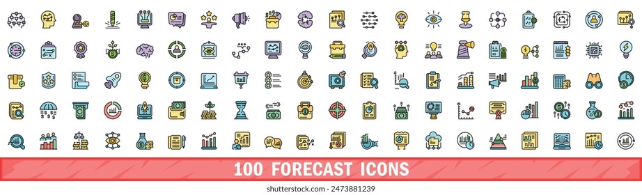 100 iconos de previsión establecidos. Conjunto de línea de color de iconos vectoriales de pronóstico línea delgada color plano sobre blanco