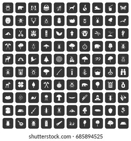 100 forest icons set in black color isolated vector illustration