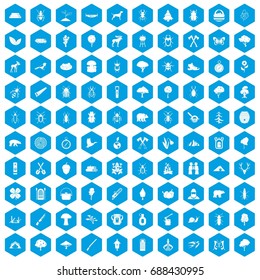 100 forest icons set in blue hexagon isolated vector illustration