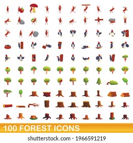 100 forest icons set. Cartoon illustration of 100 forest icons vector set isolated on white background