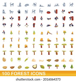 100 forest icons set. Cartoon illustration of 100 forest icons vector set isolated on white background