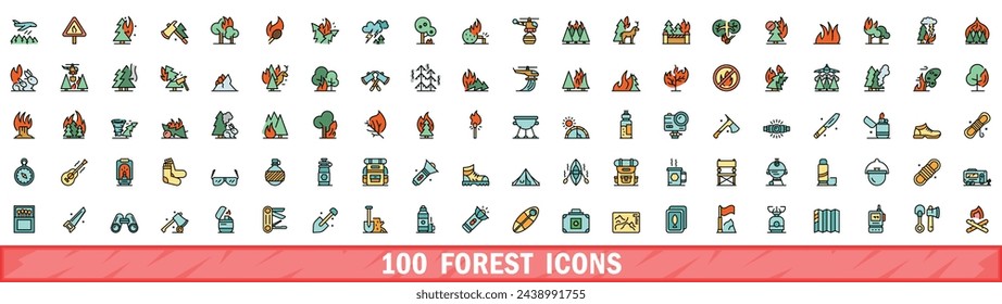 100 forest icons set. Color line set of forest vector icons thin line color flat on white