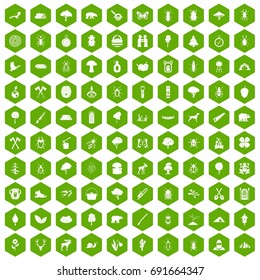 100 forest icons set in green hexagon isolated vector illustration
