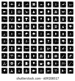100 forest icons set in grunge style isolated vector illustration