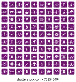 100 forest icons set in grunge style purple color isolated on white background vector illustration