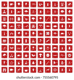 100 forest icons set in grunge style red color isolated on white background vector illustration