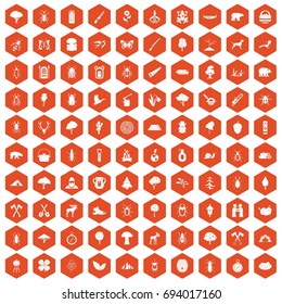 100 forest icons set in orange hexagon isolated vector illustration