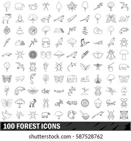 100 forest icons set in outline style for any design vector illustration