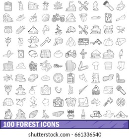 100 forest icons set in outline style for any design vector illustration