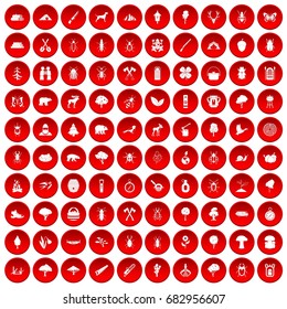 100 forest icons set in red circle isolated on white vector illustration
