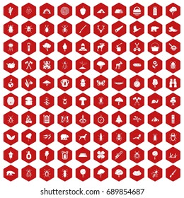 100 forest icons set in red hexagon isolated vector illustration