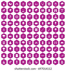 100 forest icons set in violet hexagon isolated vector illustration