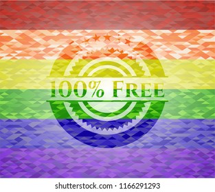 100% Free emblem on mosaic background with the colors of the LGBT flag