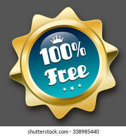 100% free seal or icon with crown symbol. Glossy golden seal or button with stars and turquoise color.