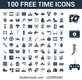 100 free time universal icons set with Game controller, Knitting, Movie, Card, Gardening, Camera, Cooking, Telescope, Basketball, Table tennis