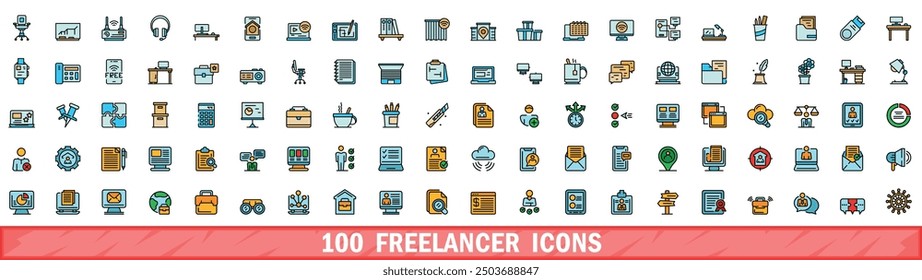 100 freelancer icons set. Color line set of freelancer vector icons thin line color flat on white