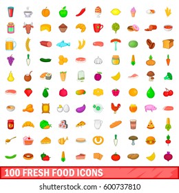 100 fresh food icons set in cartoon style for any design vector illustration